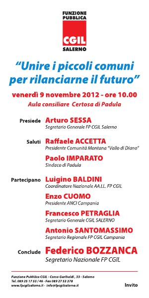 Locandina "Unire i piccoli Comuni per rilaciarne il futuro" - Iniziativa FP CGIL Salerno