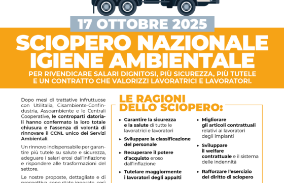 Igiene Ambientale – Sciopero 17 ottobre 2025: per rivendicare salari dignitosi, più sicurezza, più tutele e un contratto che valorizzi lavoratrici e lavoratori
