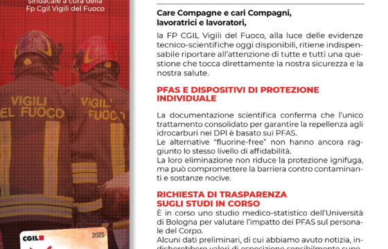 VVF: PFAS NEI DPI TRASPARENZA SUI DATI – ISTITUZIONE DELL’INDENNITÀ “SALUTE-VITA” PER TUTELARE LA SALUTE DELLE LAVORATRICI E DEI LAVORATORI Focus Pubblico n. 9