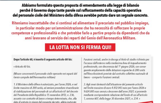 Difesa – Stabilizzazione precari Genio AM Ministero della Difesa: Questa era la nostra proposta di modifica alla legge di Bilancio che non è stata approvata!
