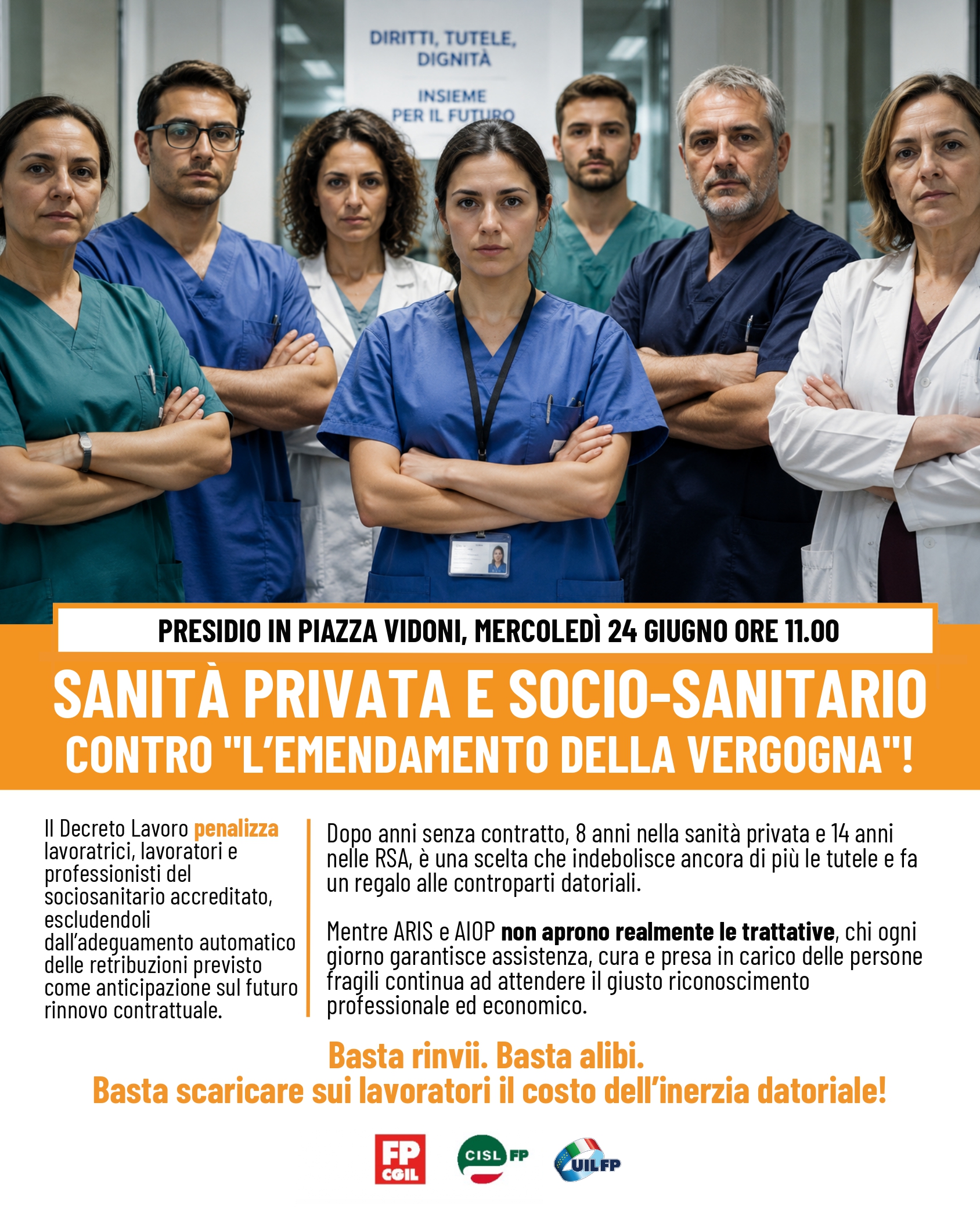 Sanità privata e socio-sanitario. Sindacati, domani presidio in Piazza Vidoni contro “l’emendamento della vergogna” in voto al Senato