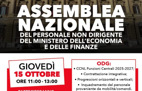 MEF – Assemblea nazionale del personale non dirigente del Ministero dell’Economia e delle Finanze – 15 ottobre ore 11